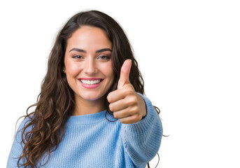 Smiling woman giving thumbs up isolated on transparent background