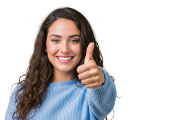 Smiling woman giving thumbs up isolated on transparent background