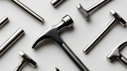Fototapeta premium Collection of Various Metal Hammers and Tools Arranged Neatly on a White Background