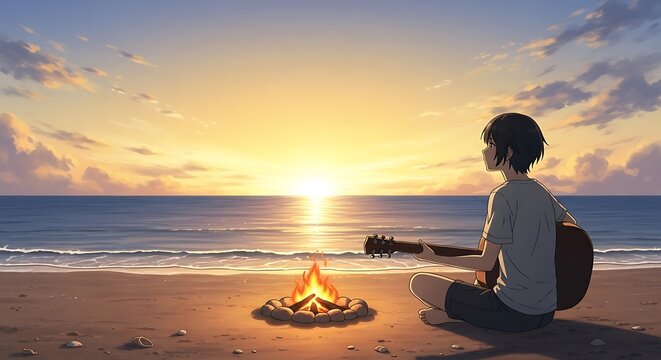 A lone man sits in a lotus pose on the beach, his silhouette against the fiery sunset over the ocean