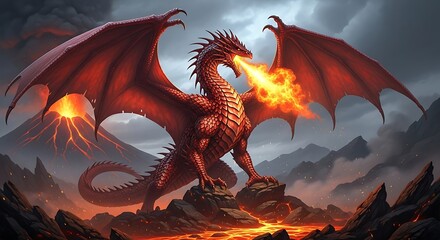 Flying orange fire dragon tattoo design illustration with red and black stylized silhouette