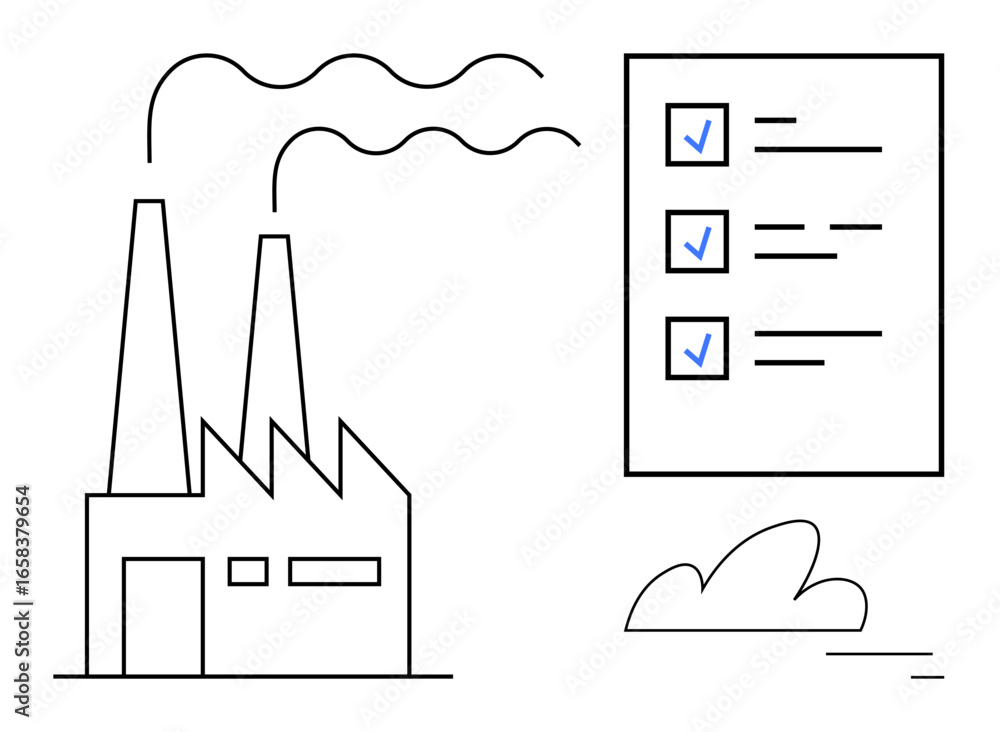 Poster factory with twin smokestacks beside a checklist with checkmarks representing compliance and standar