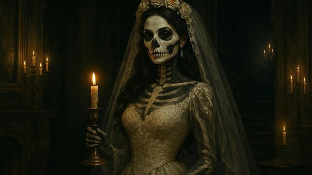 Haunting Skeleton Bride in Wedding Gown Holding a Lit Candle in a Dark, Mysterious Setting