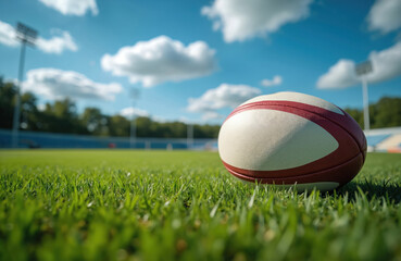 Rugby ball rests on green grass field under blue sky with white clouds. Stadium lights, seating visible in blurred background. Ball rests on rich green pitch, perfect for sports training or game day.