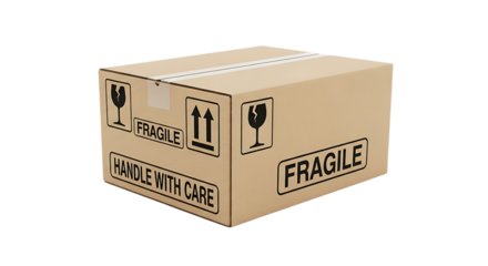 Brown Cardboard Shipping Box with Fragile Handle With Care and Up Arrow Symbols Isolated on Transparent Background Ready for Delivery and Logistics Services