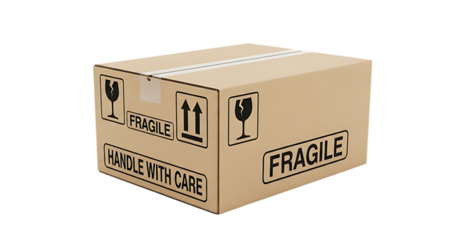 Brown Cardboard Shipping Box with Fragile Handle With Care and Up Arrow Symbols Isolated on Transparent Background Ready for Delivery and Logistics Services