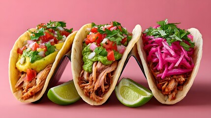 Three Colorful Tacos Filled with Savory Ingredients and Garnished with Fresh Herbs on Pink Background