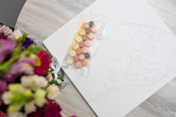 A set of small, numbered acrylic paint pots for a paint-by-numbers kit, sealed in plastic and resting on top of the corresponding canvas with its numbered outlines.