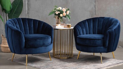 Pair of navy blue velvet accent chairs with gold legs.