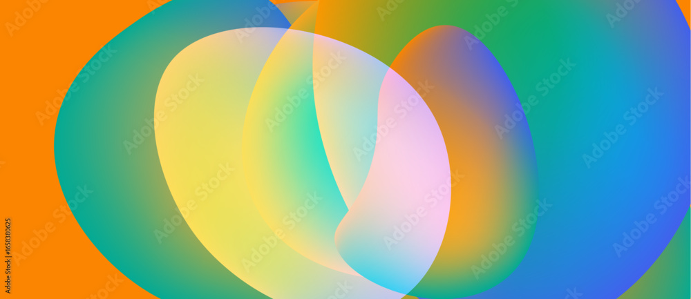 Poster abstract colorful shapes overlap, creating soft gradients. vivid hues blend seamlessly, forming flui