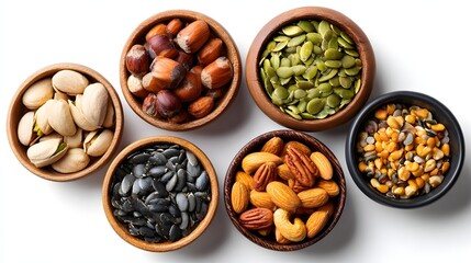 Assorted Nuts and Seeds in Wooden Bowls Displayed on White Background for Healthy Snacking