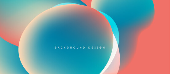 Abstract fluid shapes blend. Turquoise, coral hues dominate design. Soft gradients create modern visual effect. Background text present.