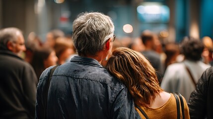 Obraz premium Couple Embracing in a Crowded Event with Soft Focus and Warm Lighting Creating an Intimate Atmosphere