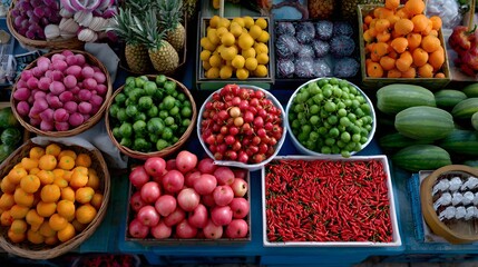 Colorful Display of Fresh Fruits and Vegetables at a Vibrant Market Stall