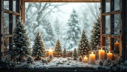 Fototapeta premium Cozy indoor windowsill display featuring decorative trees, lit candles, and snowy weather outside the rustic window frame