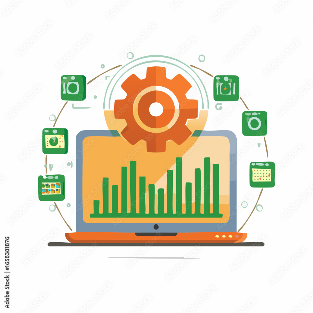 Poster laptop with graph bars and app icons illustrates software and data analytics.