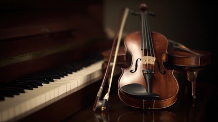 Fototapeta premium Elegant arrangement of classical instruments, violin and piano keys glowing with timeless musical charm.
