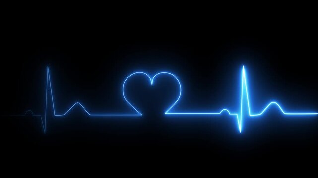 Glowing neon red heartbeat icon animation on black background. Neon Light Heartbeat Display Screen Medical Research. Love icon animation, relationship concept.