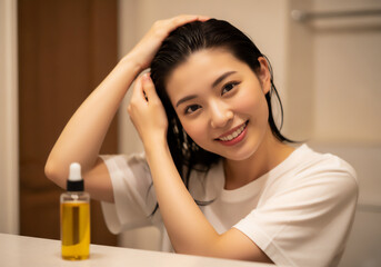 Fototapeta premium 女性のナイトルーティン・スキンケアとヘアケアの様子