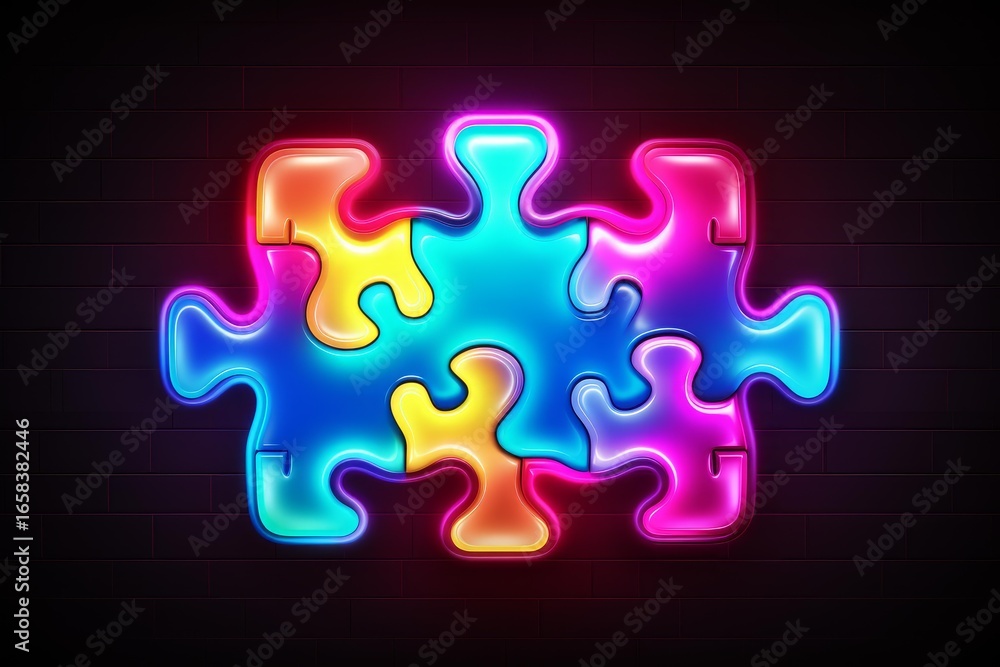 Poster interlocking multicolored neon puzzle pieces creating a complete puzzle shape against a dark brick w