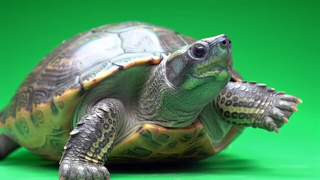Close-up of a freshwater turtle with intricate shell details on a vibrant green studio background