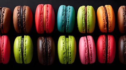 Arrangement of Colorful Macarons in Various Flavors Displayed on a Dark Surface