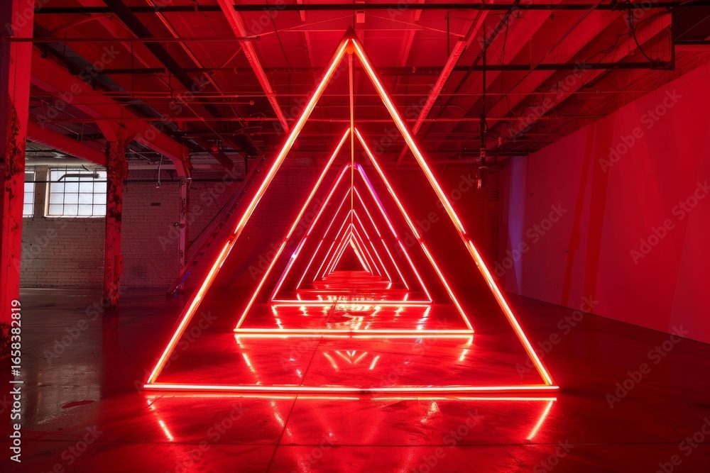 Poster red neon lights shaped like triangles create a tunnel in an empty industrial building