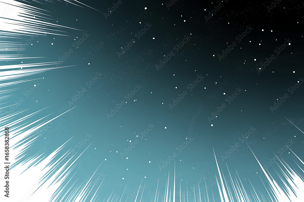 Poster abstract glowing light streaks and tiny stars against a dark blue gradient background creating a sen