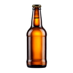 A bottle of beer is sitting on a white background