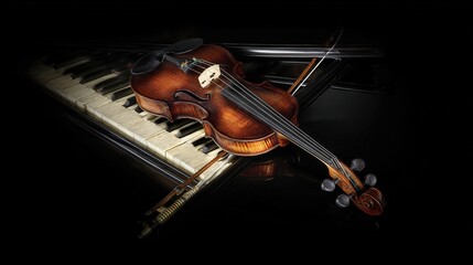 Fototapeta premium Elegant arrangement of classical instruments, violin and piano keys glowing with timeless musical charm.