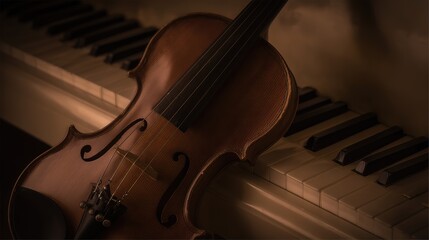 Elegant arrangement of classical instruments, violin and piano keys glowing with timeless musical charm.
