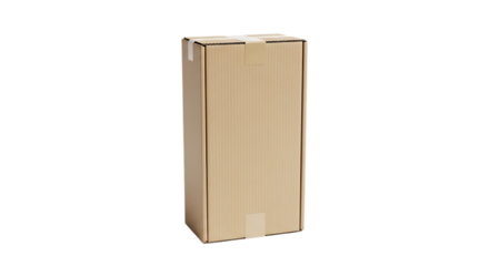 Tall corrugated cardboard shipping box with white tape secured on a black background ready for delivery logistics and e-commerce fulfillment