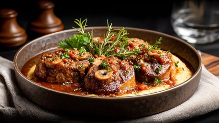 Savory Meatballs Garnished with Fresh Herbs and Sauce on a Rustic Plate with Dark Background