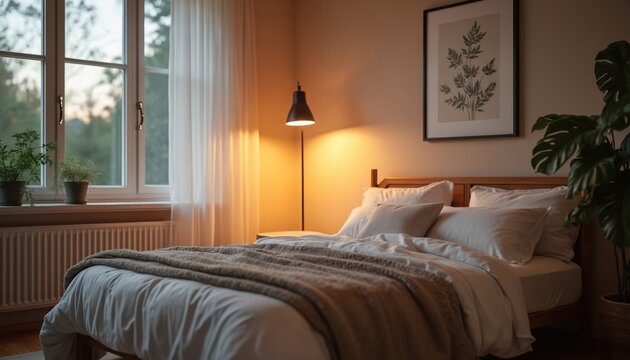 Serene bedroom setup with comfortable bed and pillows, promoting relaxation and good sleep hygiene. Soft lighting from floor lamp, plants near window create peaceful atmosphere for restful nights.