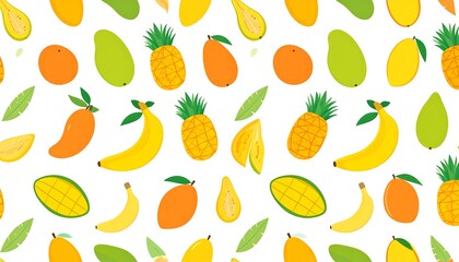 Vibrant Tropical Fruit Pattern with Mangoes, Pineapples, and Bananas on White