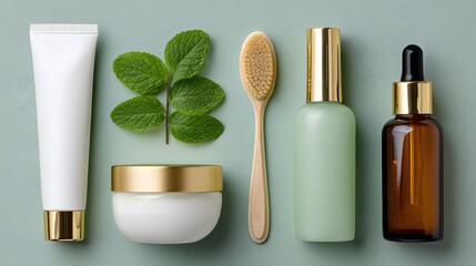 Assortment of Natural Skincare Products with Green Leaf and Bamboo Brush on Soft Green Background
