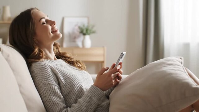 A woman lounges on a couch smiling and holding a phone in a bright neutral room