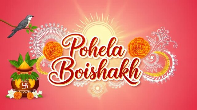 Vibrant Pohela Boishakh celebration with flying bird, sunburst, and traditional elements