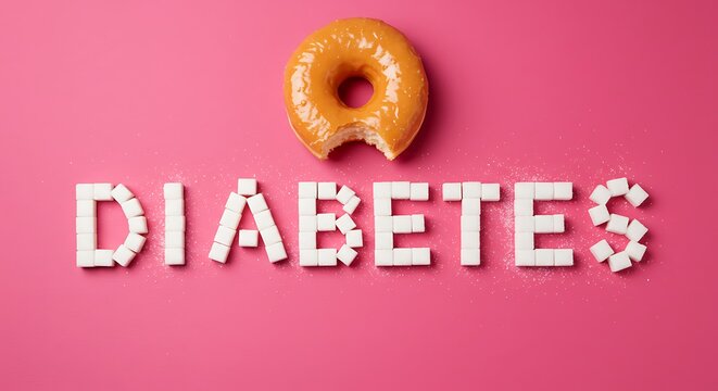 Diabetes Concept with Sugar Cubes and Donut on Pink Backdrop - Powered by Adobe