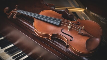 Fototapeta premium Elegant arrangement of classical instruments, violin and piano keys glowing with timeless musical charm.