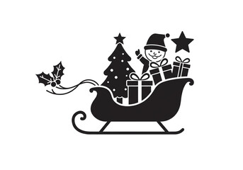 Black silhouette of santa in a sleigh with gifts and a christmas tree on a white background