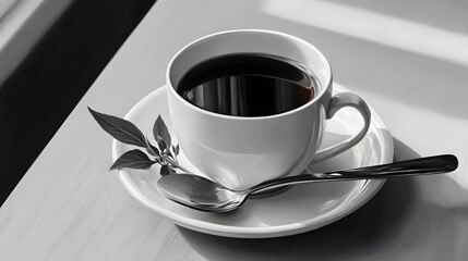 Monochrome Coffee Cup with Saucer and Spoon on Table Surrounded by Natural Light and Shadows