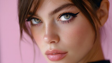 Obraz premium Closeup Portrait of a Young Woman With Striking Makeup and Mesmerizing Blue Eyes Against Pink Background