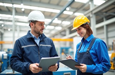 European male engineer, Asian female engineer collaborate in modern factory, supervising machinery operations. Use tablets for monitoring processes, ensuring efficient production, global market reach
