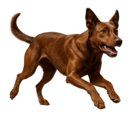 Energetic brown dog running and walking with focus.