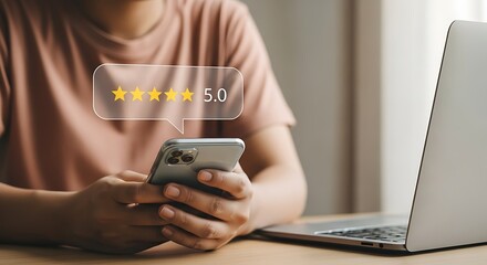 Photo of woman using smartphone with 5 stars rating, customer feedback concept