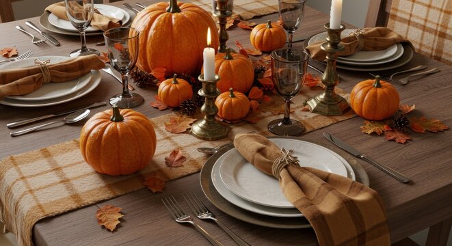 Festive autumnal table setting with pumpkins, candles, and plaid runner for a Thanksgiving dinner