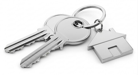 House keys with a house-shaped keychain on white background