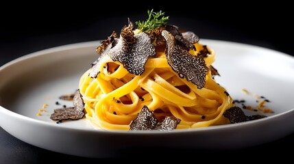 Gourmet Fettuccine Pasta Topped with Shaved Truffles and Green Garnish on Black Background