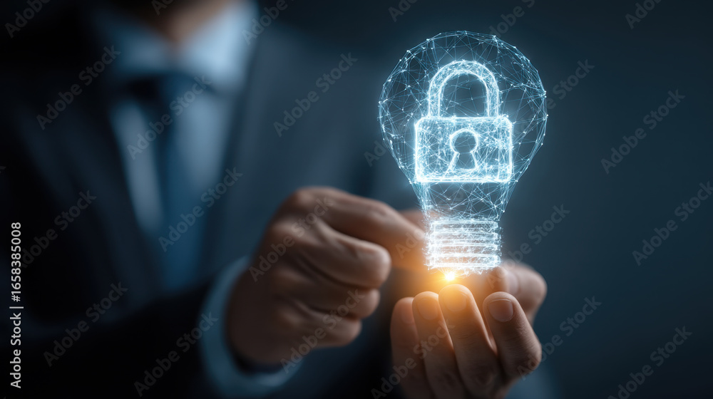 Poster glowing light bulb with padlock symbol represents concept of security and innovation. image conveys 